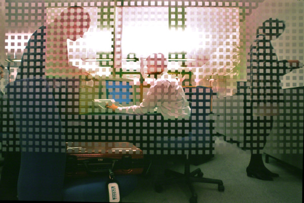 office through checkered glass